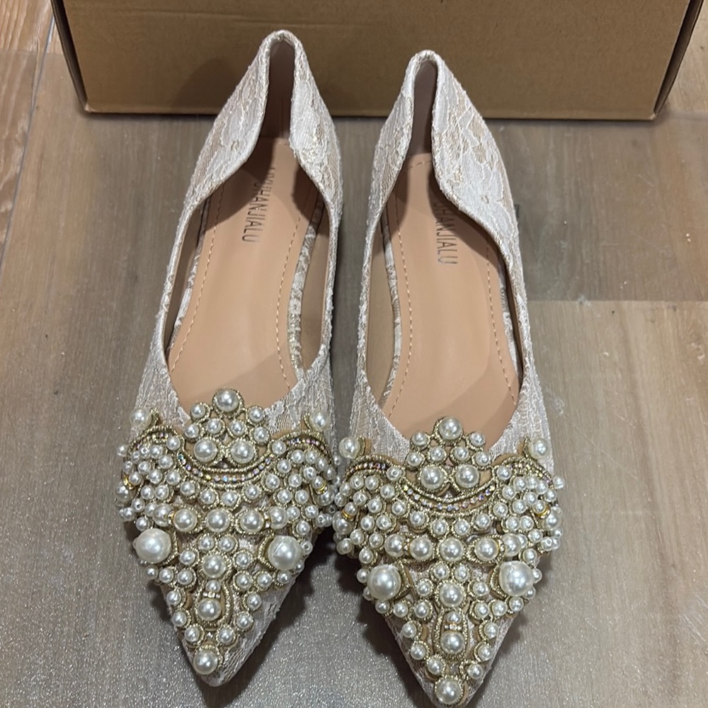 Amazon Cream Flats with Rhinestone Embellishments